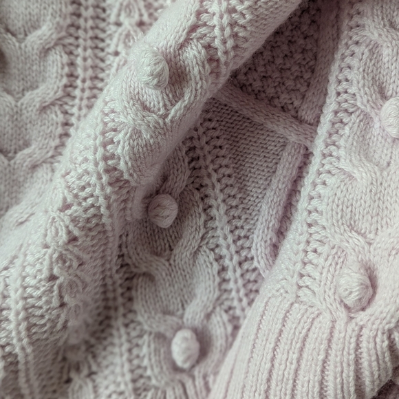 J. Crew Cable Knit Pom Pom Women's Lilac Azra Knit Lambswool Fisherman Sweater L - Picture 8 of 12